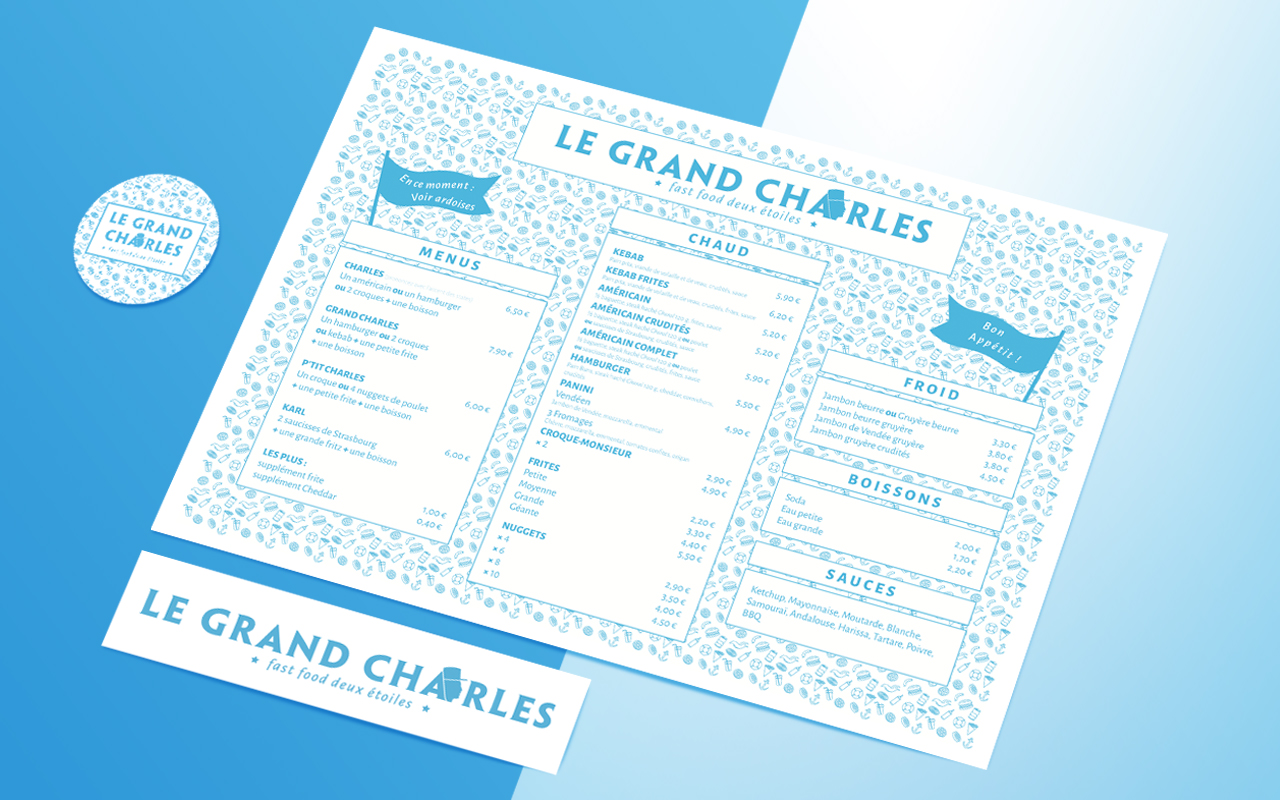 Menu et éléments de communication Louis Schäfer graphisme — Nantes  Le Grand Charles